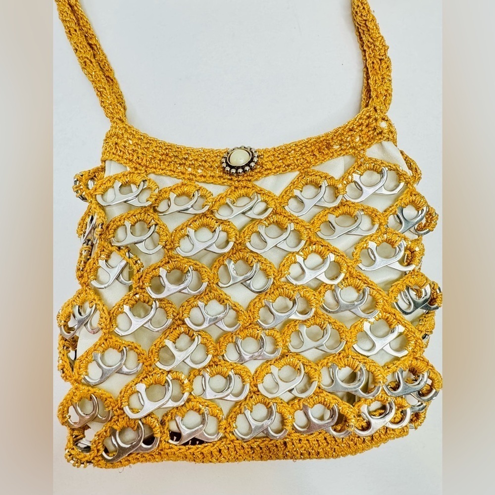 Handmade Crochet Gold Brown Handbag Purse Art with Recycled Soda Pop Tabs - Picture 11 of 14